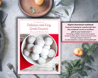 Digital Cookbook 'Delicious and Easy Greek Desserts', Instant Download Fillable PDF recipes E-book, Personalised gift cookbook