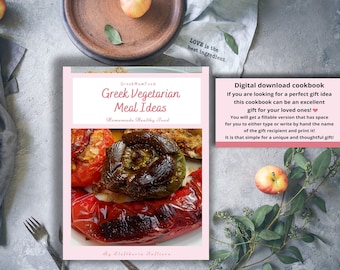 Libro de cocina digital &#39;Ideas de comidas vegetarianas griegas&#39;, Descarga instantánea de recetas en PDF rellenables E-book, Libro de cocina de regalo personalizado
