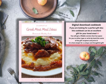 Digital Cookbook 'Greek Meat Meal Ideas',  Instant Download Fillable PDF recipes E-book, Personalised gift cookbook