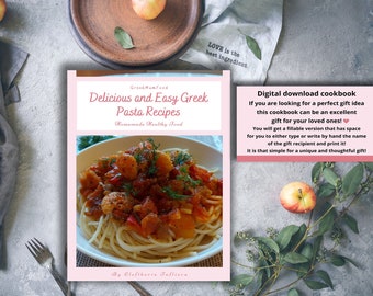 Digital Cookbook 'Delicious and Easy Greek Pasta Recipes', Instant Download Fillable PDF recipes E-book, Personalised gift cookbook