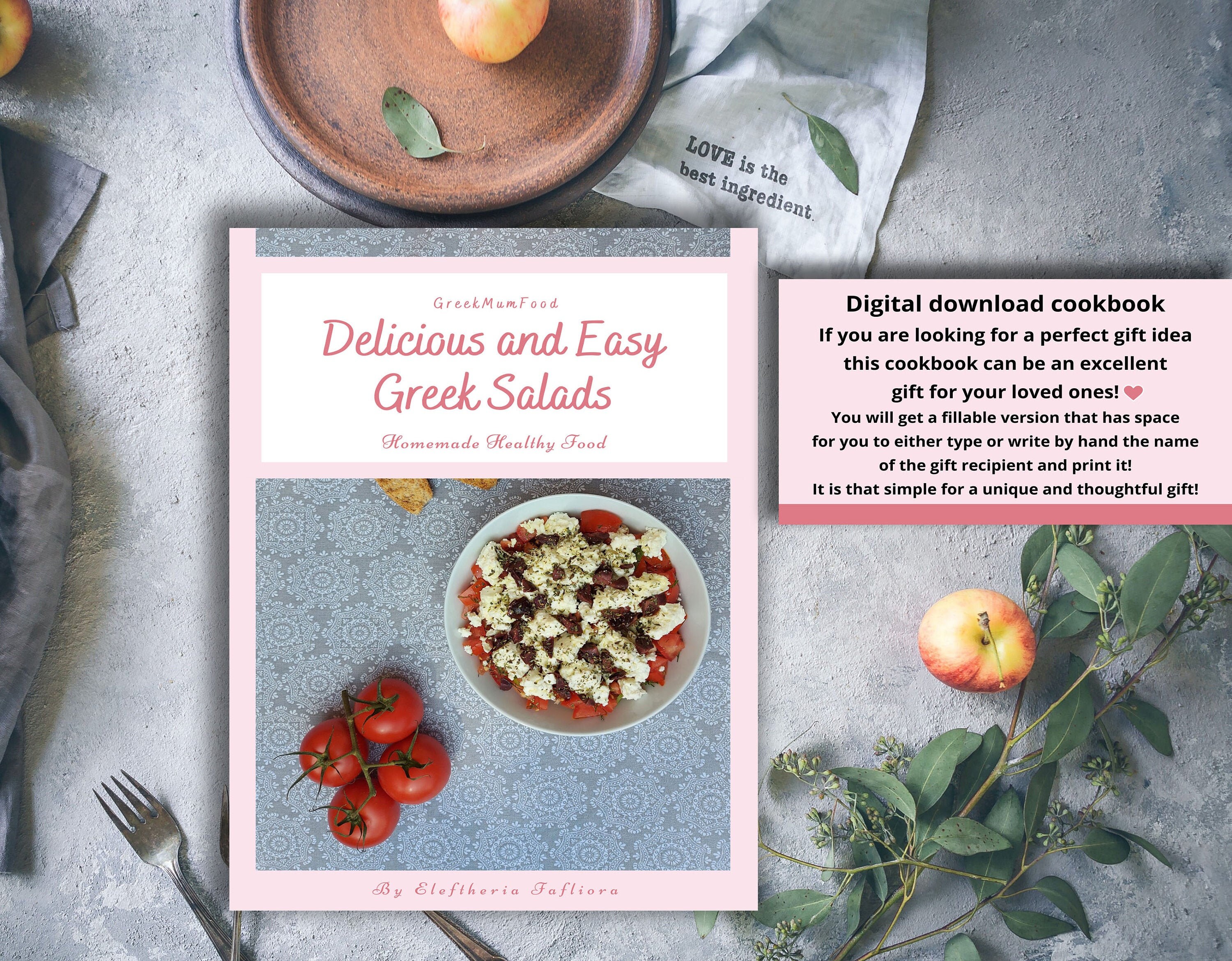 Libro de cocina digital 'Ensaladas griegas deliciosas y fáciles', Descarga instantánea de recetas en PDF rellenables E-book, Libro de cocina de regalo personalizado