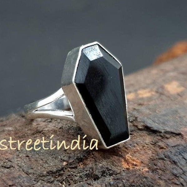 Natural Black Onyx Ring* Coffin shape Ring* healing Gemstone Ring* 925 silver ring* Handmade Ring* Statement Ring* Boho Ring* bohemian ring,