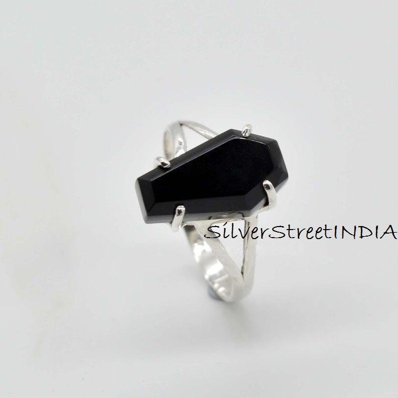 Black Onyx Ring* Coffin Ring* Sterling Silver Ring* Prong Set Ring* Natural Black Onyx* handmade Ring* Boho Ring* Onyx Ring* gift for Mom*