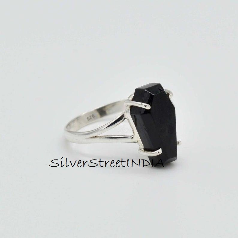 Black Onyx Ring* Coffin Ring* Sterling Silver Ring* Prong Set Ring* Natural Black Onyx* handmade Ring* Boho Ring* Onyx Ring* gift for Mom*