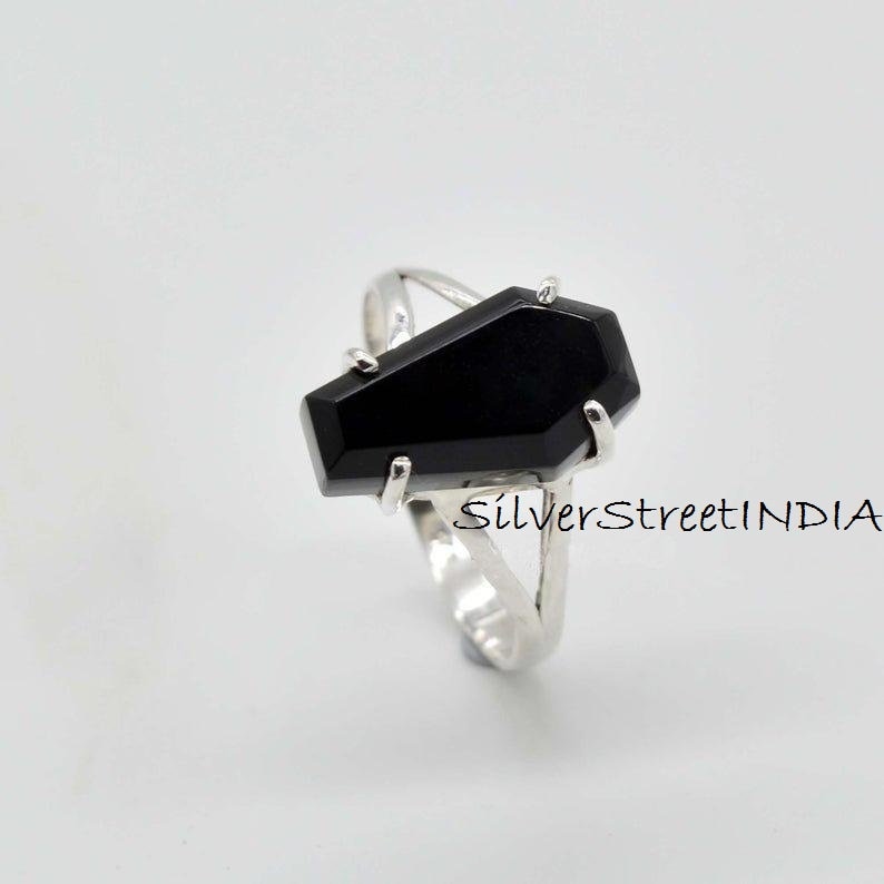 Black Onyx Ring* Coffin Ring* Sterling Silver Ring* Prong Set Ring* Natural Black Onyx* handmade Ring* Boho Ring* Onyx Ring* gift for Mom*