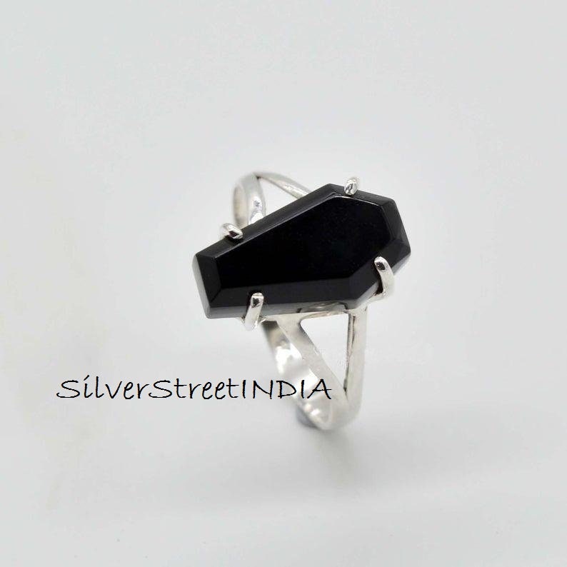 Black Onyx Ring* Coffin Ring* Sterling Silver Ring* Prong Set Ring* Natural Black Onyx* handmade Ring* Boho Ring* Onyx Ring* gift for Mom*