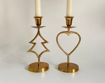 Candlestick Set Candle Holder Brass Heart Christmas Tree