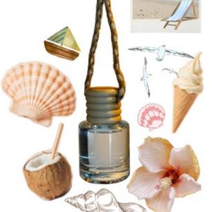 May include: An air freshener with a beach theme, featuring a clear glass bottle with a brown rope and wooden bead. The image includes a sailboat, seashells, a coconut, a beach scene, seagulls, and an ice cream cone.