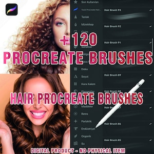 Può includere: Un elenco di prodotti digitali per 120 pennelli per capelli Procreate. L'immagine mostra una donna con lunghi capelli castani ricci, un primo piano di uno stilo digitale e un elenco di pennelli Procreate con i loro nomi e numeri.