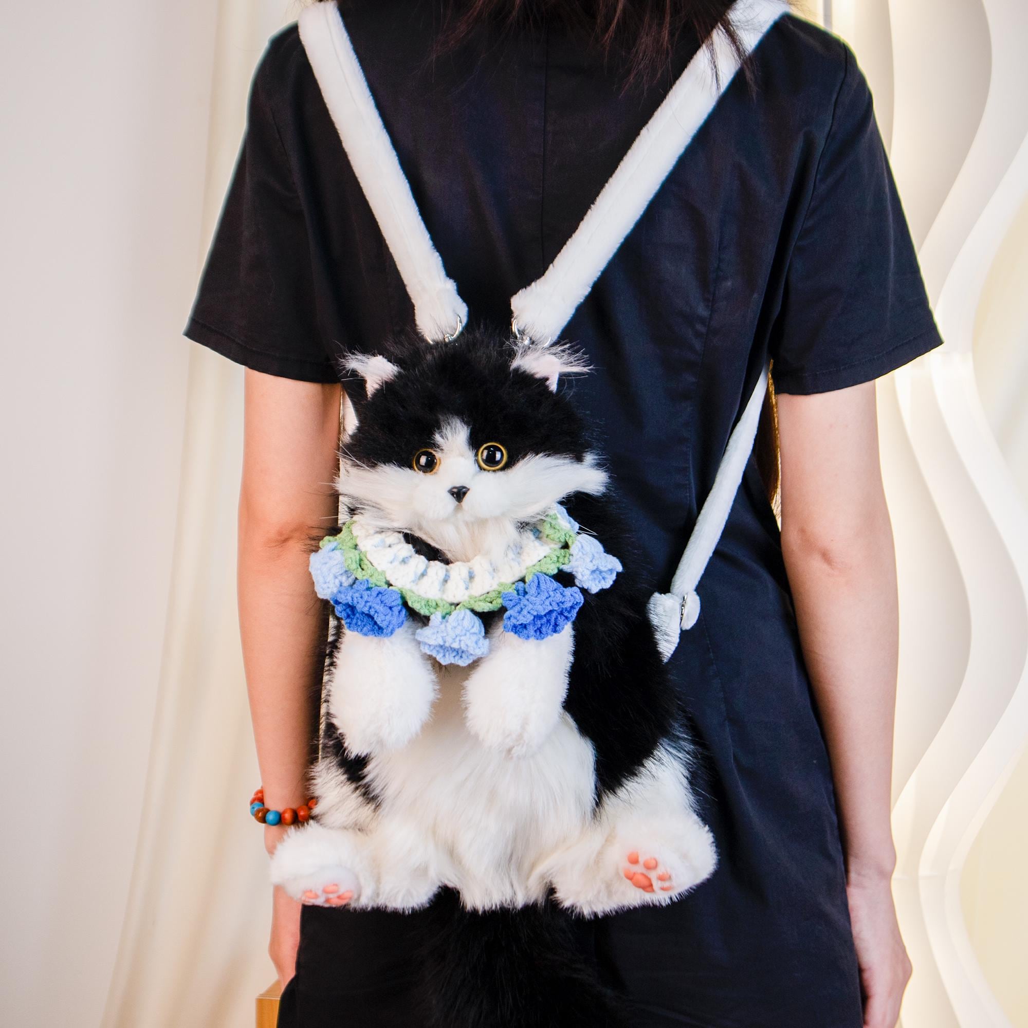 1753 Cat Shaped Backpack - Handcrafted Stuffed Animals Plush Bag Tuxedo Cat Backpack – Cute Bag for Cat Fans Daily Companion  main image 2