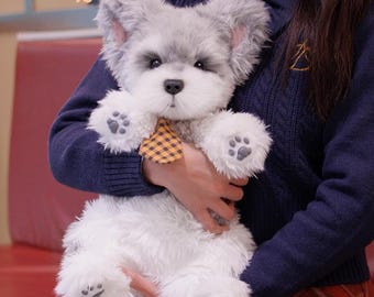 手作りのポーズ可能なシュナウザーアートドール：リアルなぬいぐるみ犬