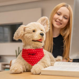Puede incluir: Un juguete de peluche con forma de perro dorado, con un pañuelo rojo con patrones de huesos blancos y el texto "Chongker". El juguete está colocado sobre un escritorio cerca de un ordenador y un libro abierto.