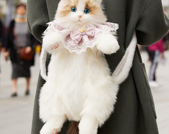 Handcrafted Ragdoll Cat Backpack with Pink Scarf