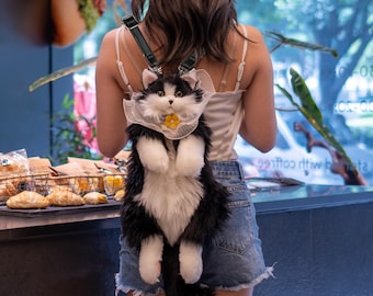 Handmade Plush Cat Backpack: Realistic Novelty Bag,Cat Lover Birthday Unique Gift