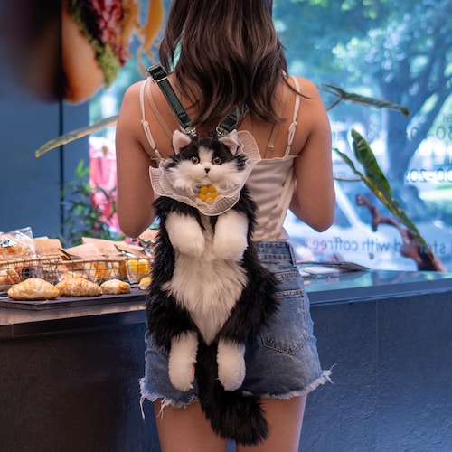 Handmade Tuxedo Cat Backpack: Realistic Plush Stuffed Animal  display picture 3