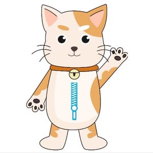 Könnte beinhalten: Eine Cartoon-Illustration einer weißen und orangefarbenen Katze mit einem Reißverschluss in der Mitte ihres Körpers. Die Katze trägt ein braunes Halsband mit einer Glocke und winkt mit ihrer rechten Pfote.