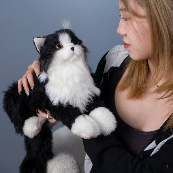 Chongker Plush Tuxedo Cat Handmade Stuffed Animal Cat Realistic Cute Companion Pet Gift for Birthday Anniversary Mother's Day Christmas