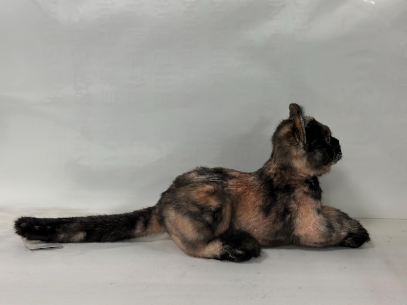 May include: A brown and black tabby cat plush toy with a soft, furry texture. The cat is lying on its side with its head turned to the right. The cat has a long tail and is in a relaxed pose.