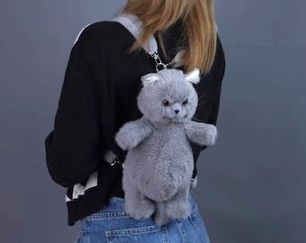 Zaino per gatti in peluche Chongker Mini zaino fatto a mano con gattino blu: accessorio di moda perfetto, regalo unico per l'anniversario di compleanno degli amanti dei gatti