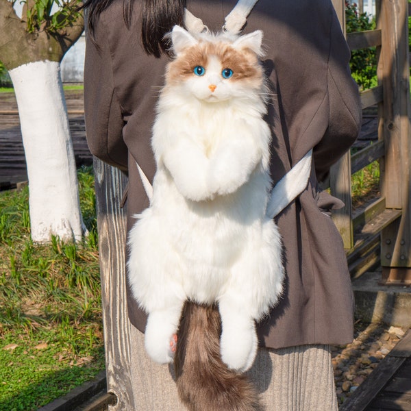 Chongker Realistic Ragdoll Cat Plush Backpack Gifts Cute Cat Fashion Novelty Bag Cat Lover Gift