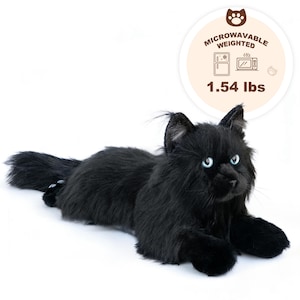 Könnte beinhalten: Ein schwarzes Plüschkätzchen mit blauen Augen, das liegt. Die Katze ist beschwert und mikrowellengeeignet, wie durch den Text und die Symbole in einer kreisförmigen Grafik angegeben. Die Katze wiegt 0,70 kg.