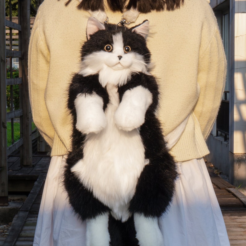 Chongker sac à dos en peluche réaliste chat noir et blanc cadeaux chat mignon mode nouveauté sac cadeau pour amoureux des chats image 2