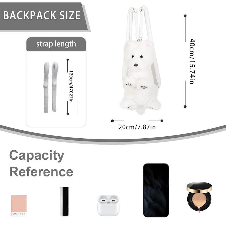 May include: White plush bunny backpack with adjustable straps. The backpack measures 15.74 inches tall and 7.87 inches wide. The backpack is shown with a phone, a lipstick, and a compact.