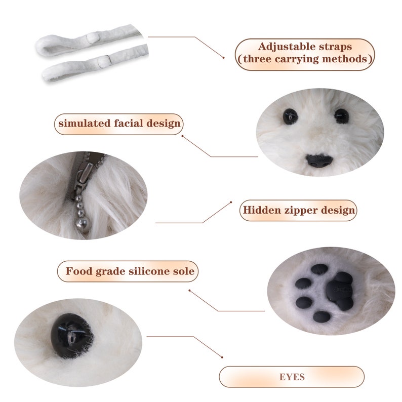 May include: White plush dog toy with a zipper on the back, adjustable straps, and a food-grade silicone sole. The toy has black eyes, a black nose, and black paw prints on the bottom.