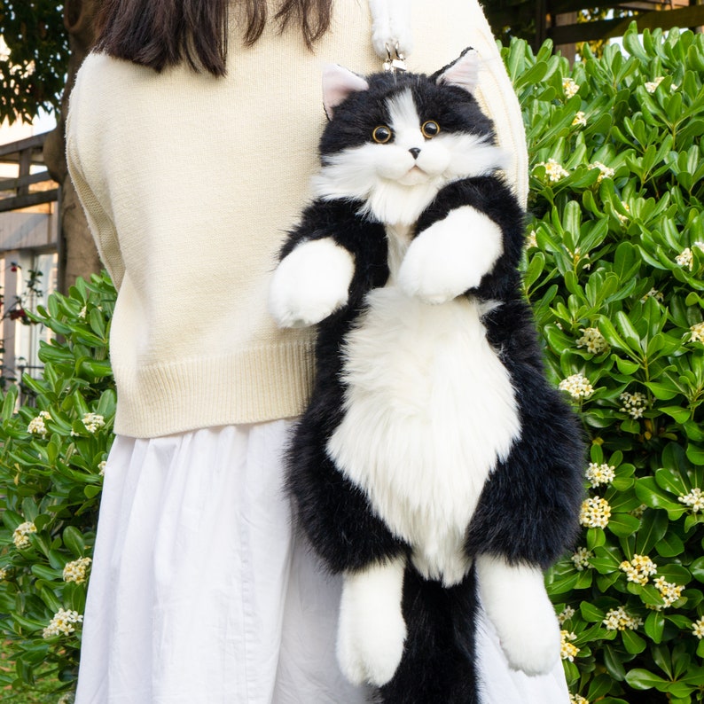 Chongker sac à dos en peluche réaliste chat noir et blanc cadeaux chat mignon mode nouveauté sac cadeau pour amoureux des chats image 1