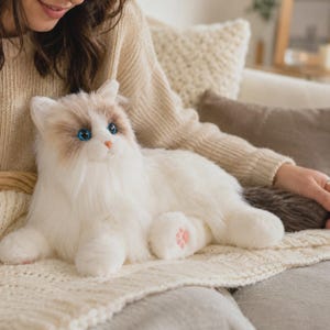 Puede incluir: Un juguete de peluche con forma de gato con pelaje largo blanco, marcas de color marrón claro en la cara y las orejas, y ojos azul brillante. El animal de peluche tiene una pequeña nariz rosa y almohadillas rosas visibles en las patas delanteras.