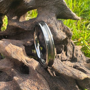 May include: A silver ring with a black band and a polished finish. The ring is sitting on a piece of driftwood.