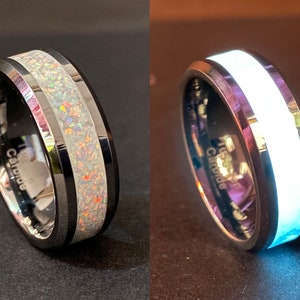 Handmade White Opal And Strontium Glow Inlay Tungsten Carbide Ring *Free Uv Light* Wedding Ring, Engagement Ring, Promise Ring