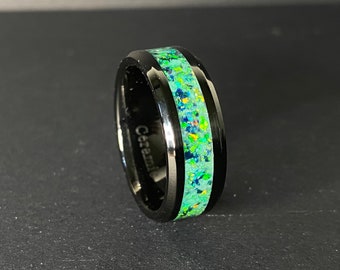 Handmade Emerald Green Crushed Opal and green Glow Inlay Black Ceramic ring. *Free Uv Light* Wedding Ring, Engagement Ring, Promise Ring