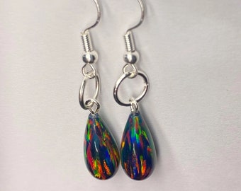 Solid Black Flame Opal Tear Drop Pair Of Earrings.