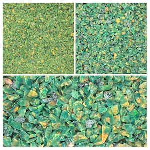 Puede incluir: Un collage de tres imágenes que muestran vidrio triturado en tonos verdes y amarillos. Las piezas de vidrio varían en tamaño y forma, creando una apariencia texturizada. El efecto general es un material decorativo vibrante.