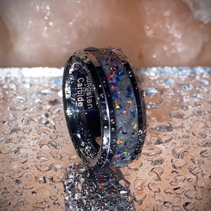 Handmade Black Opal and Carbon Black Aqua Glow Inlay Tungsten Ring *Free Uv Light* Wedding Ring, Engagement Ring, Promise Ring
