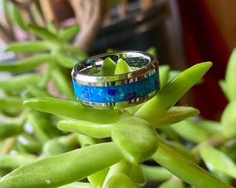Handmade Sea Blue and Indigo flame Opal with Blue Glow Inlay Tungsten Ring *Free Uv light* Wedding Ring, Engagement Ring, Promise Ring