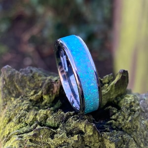 Handmade 6mm Turquoise Opal and Strontium Glow Inlay Tungsten Carbide Ring *Free Uv Light* Wedding Ring, Engagement Ring, Promise Ring