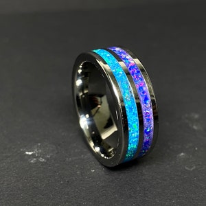 Handmade Sea Blue and Indigo flame Opal with Blue Glow Inlay Tungsten Ring *Free Uv light* Wedding Ring, Engagement Ring, Promise Ring