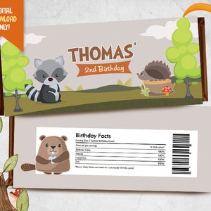 Woodland Chocolate Bar Wrapper, Woodland Candy Wrapper, Cute Animals Birthday Party Wrapper, Chocolate Label, Digital Printable Wrapper