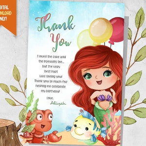 Carte de remerciement numérique Sirène, Invitation d’anniversaire princesse, Ocean Party Imprimable, Carte de faveur d’anniversaire sous la mer, Carte d’anniversaire sirène