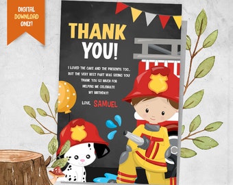 Firefighter Digital Thank You Card, Fireman Party Favor, Cute Fire Rescuer Party Card, Fire Truck Favor Card, Kids Firefighter Thank You