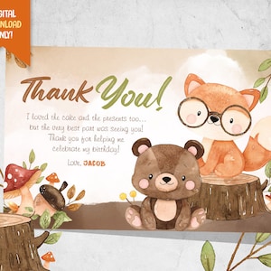Woodland Digitale Dank u kaart, Forest Animal Verjaardag Uitnodiging, Cute Fox Party afdrukbaar, Woodland Verjaardag Gunst Kaart, Dier Verjaardagskaart