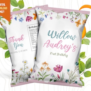 Wild Flower Birthday Chip Bag, Flowers Party Bag, 1st Birthday Favor Bag, Floral Chip Pouch, Kids Party Favor, Birthday Goodie Bag Label