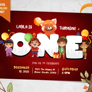 Red Panda Invite + Tarjeta de Gracias GRATIS, Invitación de cumpleaños digital de amigos, Fiesta de chicas lindas imprimible, Invitación de 1er cumpleaños, Fiesta de panda