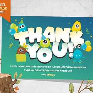 Monster Digital Thank You Card, Monster Bash Party Favor, Monster Party Stampabile, Kids Favor Card, Cute Monster Digital Favor Card