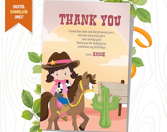 Cowgirl Digital Thank You Card, Cowgirl Birthday Invite, Ranch Party Printable, Western Birthday Favor Card, Cute Cowgirl Birthday Card