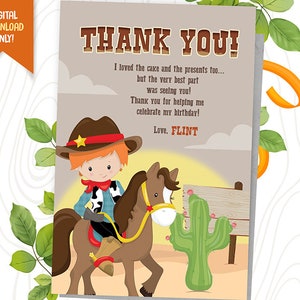Cowboy Digital Thank You Card, Cowboy Birthday Favor Card, Ranch Party Printable, Western Birthday Favor Card, Cute Cowboy Birthday Card