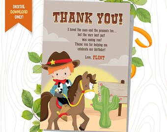 Cowboy Digital Thank You Card, Cowboy Birthday Favor Card, Ranch Party Printable, Western Birthday Favor Card, Cute Cowboy Birthday Card
