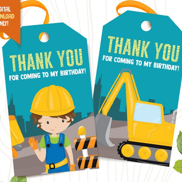 Construction Thank You Tags, INSTANT DOWNLOAD, Excavator Favor Tags, Dump Truck Birthday Tag, Hard Hat Party Digital Printable Label, Kids